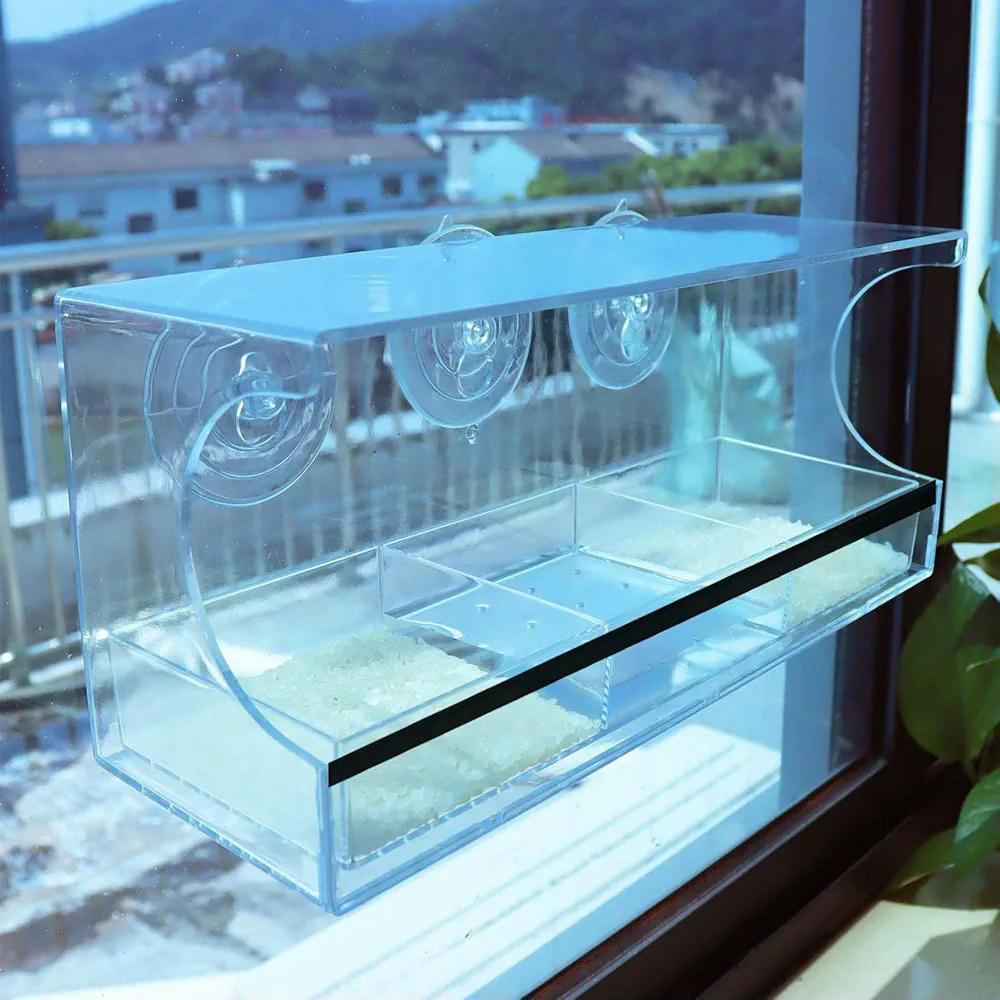 Comedero para pájaros transparente de acrílico, modelo con ventosas, alimentador ideal para periquitos y canarios, suministros de alimentación para balcón y jardín (30 cm, transparente)