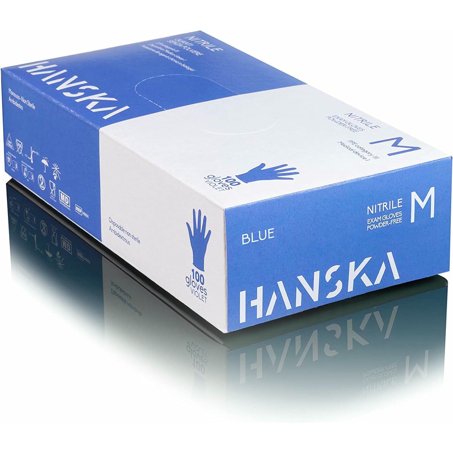 HANSKA Guantes desechables Nitrilo Azul - Sin Polvo - Desechables - Ambidextros - No estériles - Base de goma - Apto para ámbitos médicos, manipulación de alimentos (100, M)