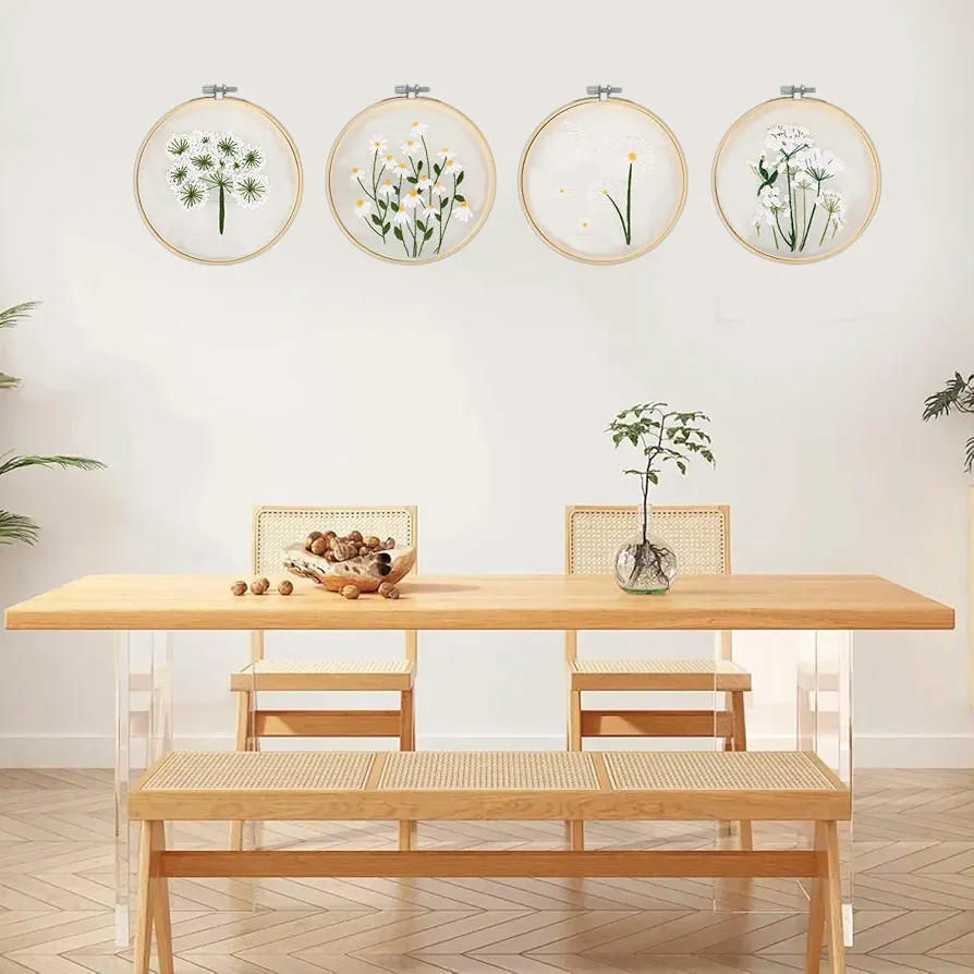 Kit de Inicio de Bordado con Patrón de Flores y Pájaros, Instrucciones y Herramientas Incluidas (Blanco Beige)