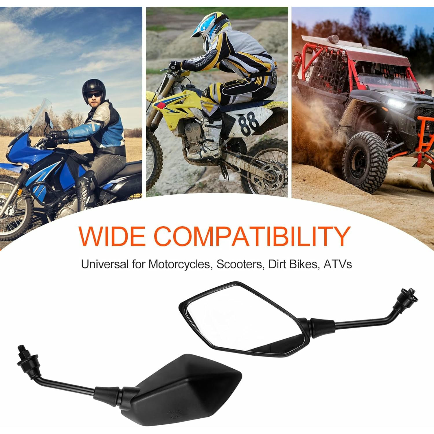 Fousenuk Par de Espejos Retrovisores Moto, Universal Espejos Moto Laterales con Abrazadera 7/8" 22mm, Tornillos de Fijación 10mm y 8mm, 360° Rotated Espejo de Manillar para Motos, Scooters, ATV