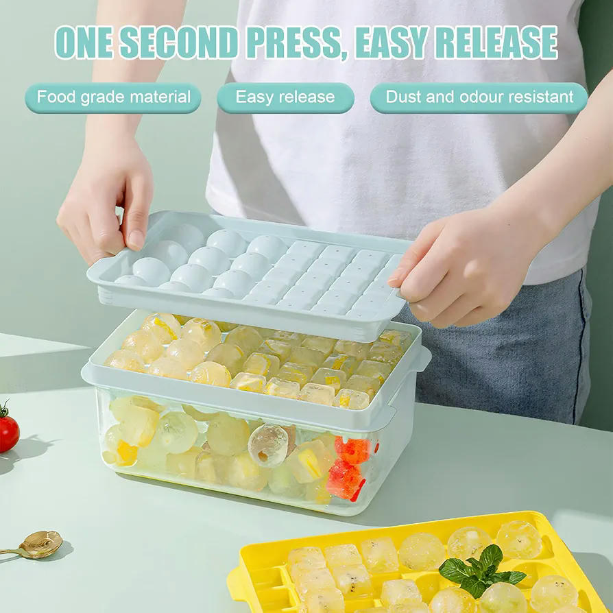 Bandeja para cubitos de hielo con tapa hermética, molde reutilizable para 32 cubitos, material alimentario, incluye pala y recipiente, ideal para bebidas y fiestas