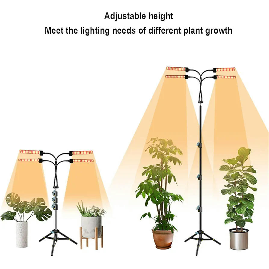 Luz de Cultivo LED para Plantas de Interior con Soporte Trípode Ajustable y Temporizador Automático, Espectro Completo, 4 Cabezas, Enchufe EU