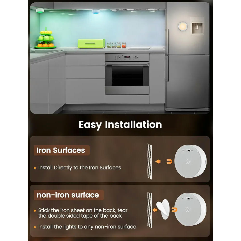 Iluminación luces LED RGB, 6 lámparas regulables para armarios y muebles bajo, 15 colores, luz nocturna recargable con control remoto, ideal para escaleras y vitrinas
