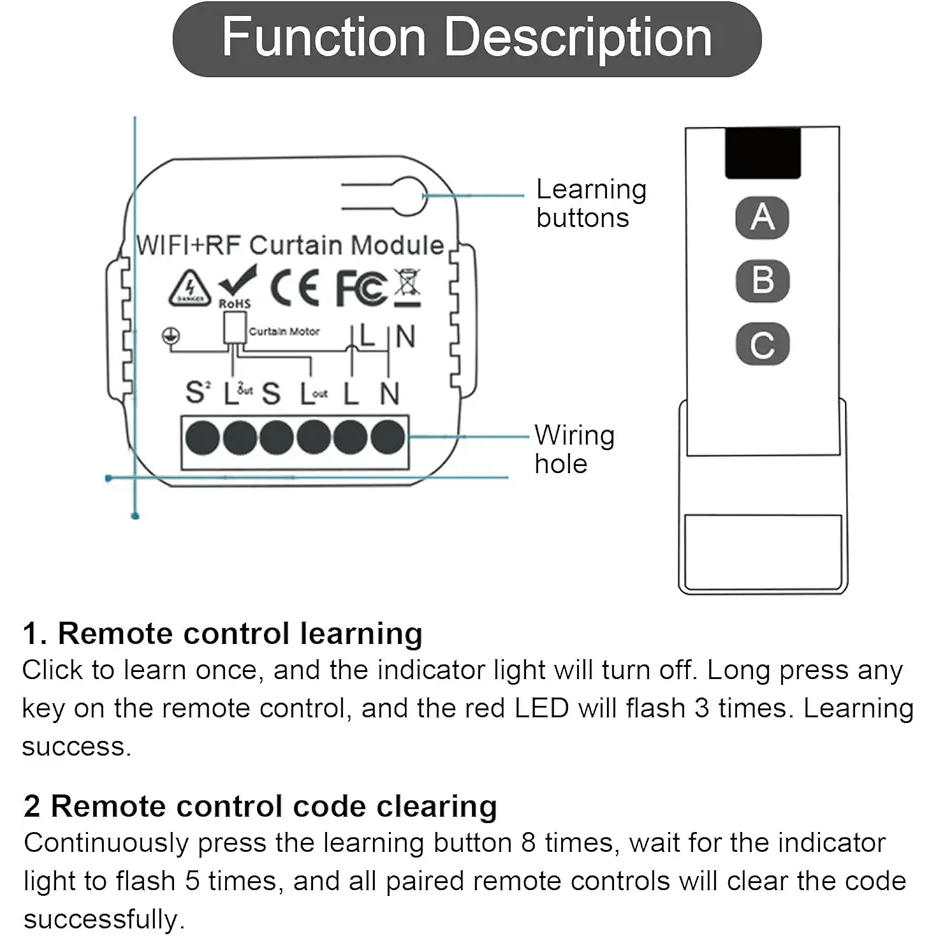 Interruptor de Persianas Inalámbrico, Módulo Receptor de Control RF 433 MHz, Compatible con Cortinas y Toldos, Rango de Control de 100 Metros