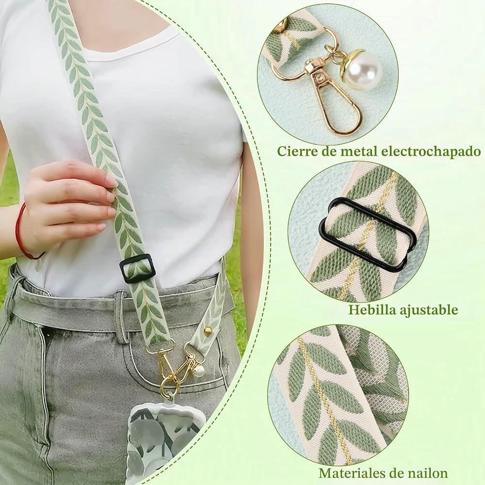 Correa Ajustable para Móvil con Estampado de Hojas Verdes, Cadena Universal y Accesorios