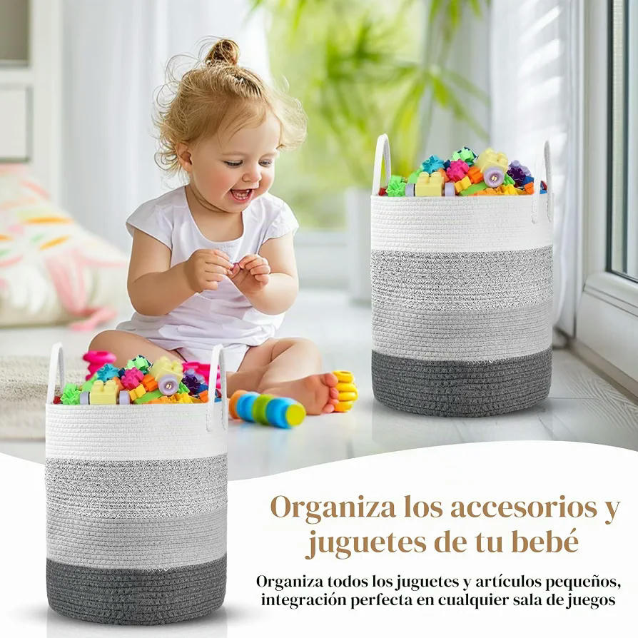Cesto de Ropa Sucia de Algodón con Asas, Cesta Multifuncional para Almacenamiento de Ropa y Juguetes (Gris)