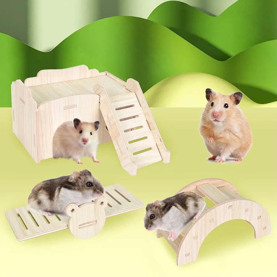 Juego de 5 Piezas para Hámster, Accesorios de Madera Natural, Columpio, Balancín y Casa, Juguetes para Jaula de Mascotas (marrón)