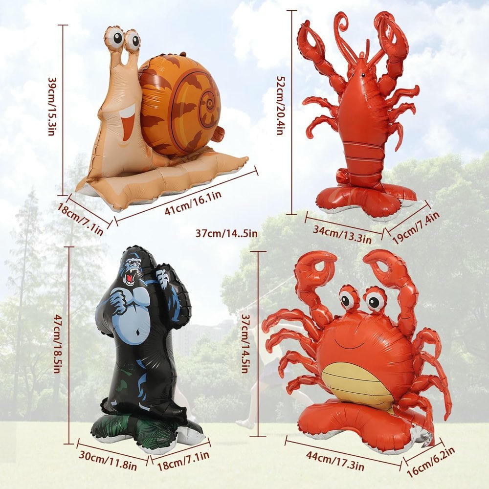 Paquete de 4 globos de animales, globos de foil de animales de selva y mar, incluye cangrejo, caracol, langosta y orangután, ideales para fiestas de cumpleaños
