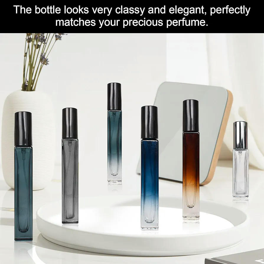 Dispensador Perfume Viaje, 6 Piezas Atomizador Perfume, Botellas de Perfumes de Viaje de Vidrio, Botellas Vidrio Antifugas, Pulverizador Fino y Portátil, Incluye Accesorios, 10ml