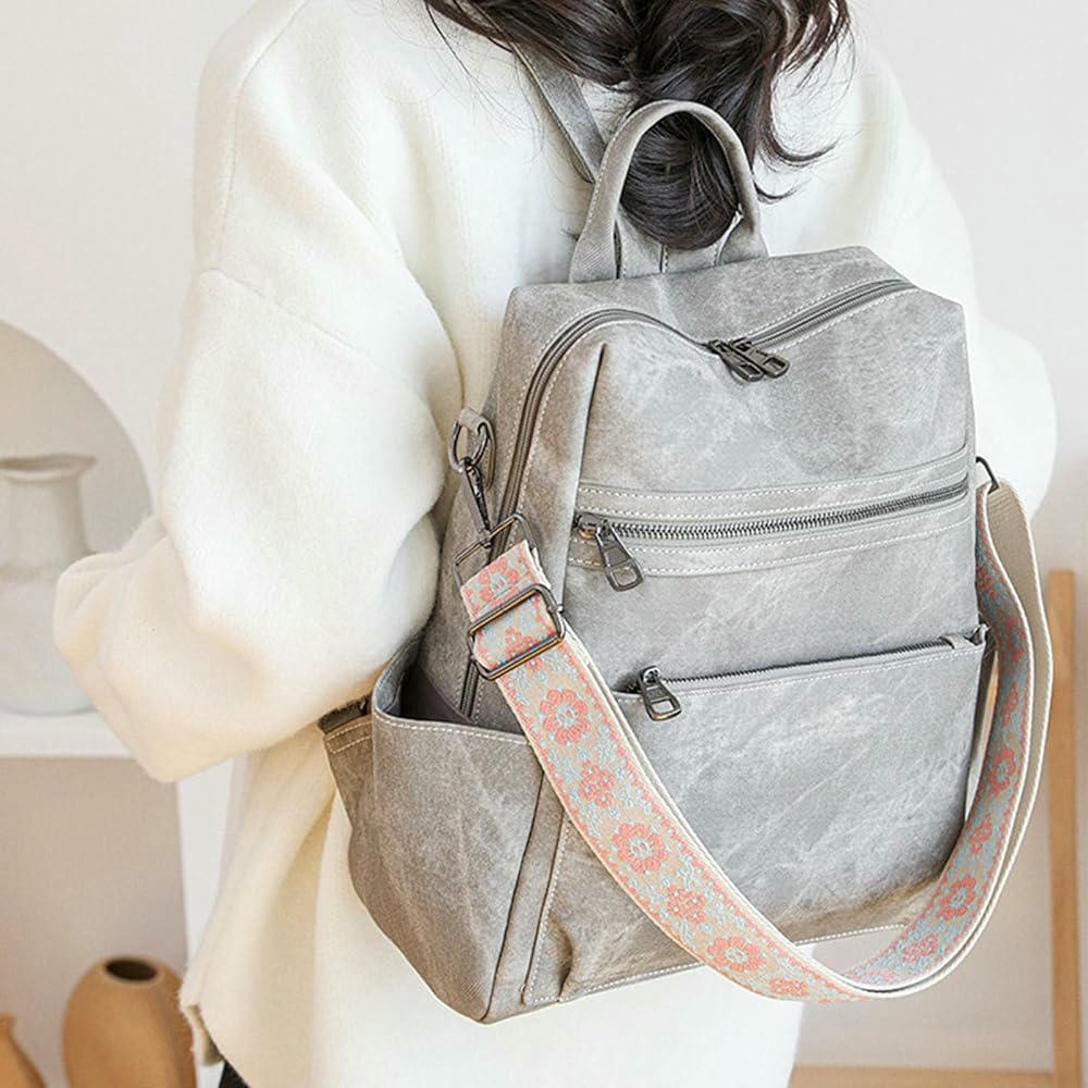 Mochila de piel sintética para mujer, gran capacidad, casual, con correa para bolso, ideal para viajes y uso diario (Gris)