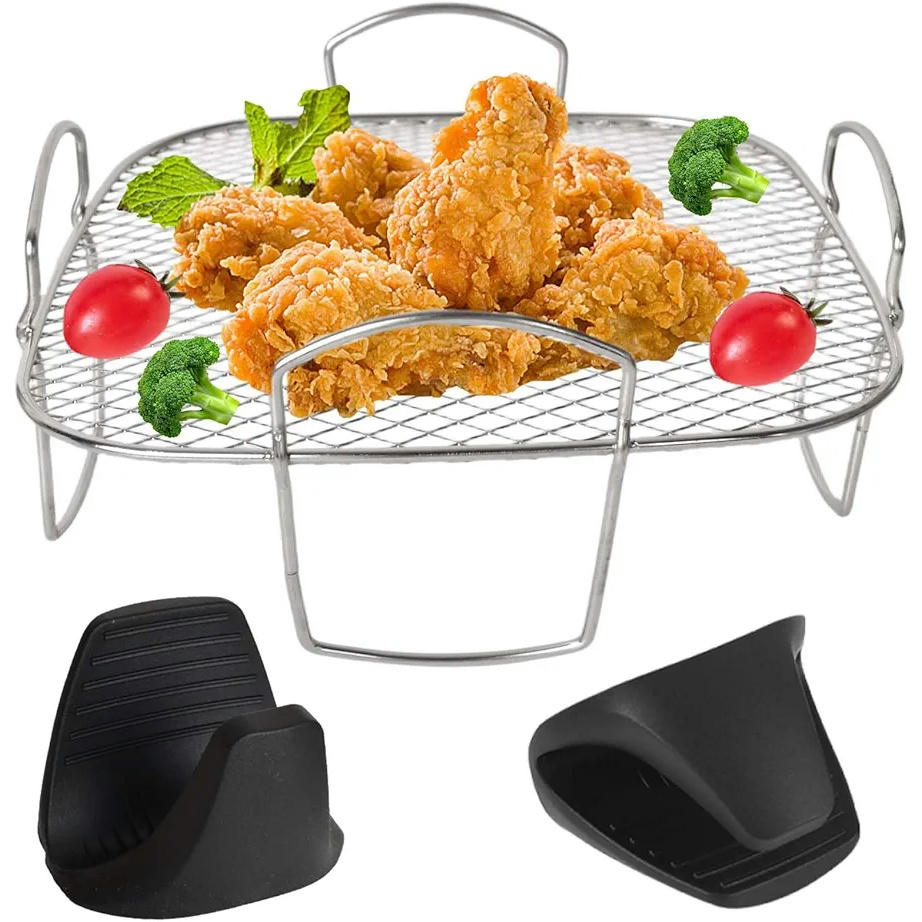 Soporte de acero inoxidable para freidora de aire, accesorio multiusos con guantes de silicona, 20,8 x 20,6 x 9 cm, ideal para deshidratar frutas y carnes