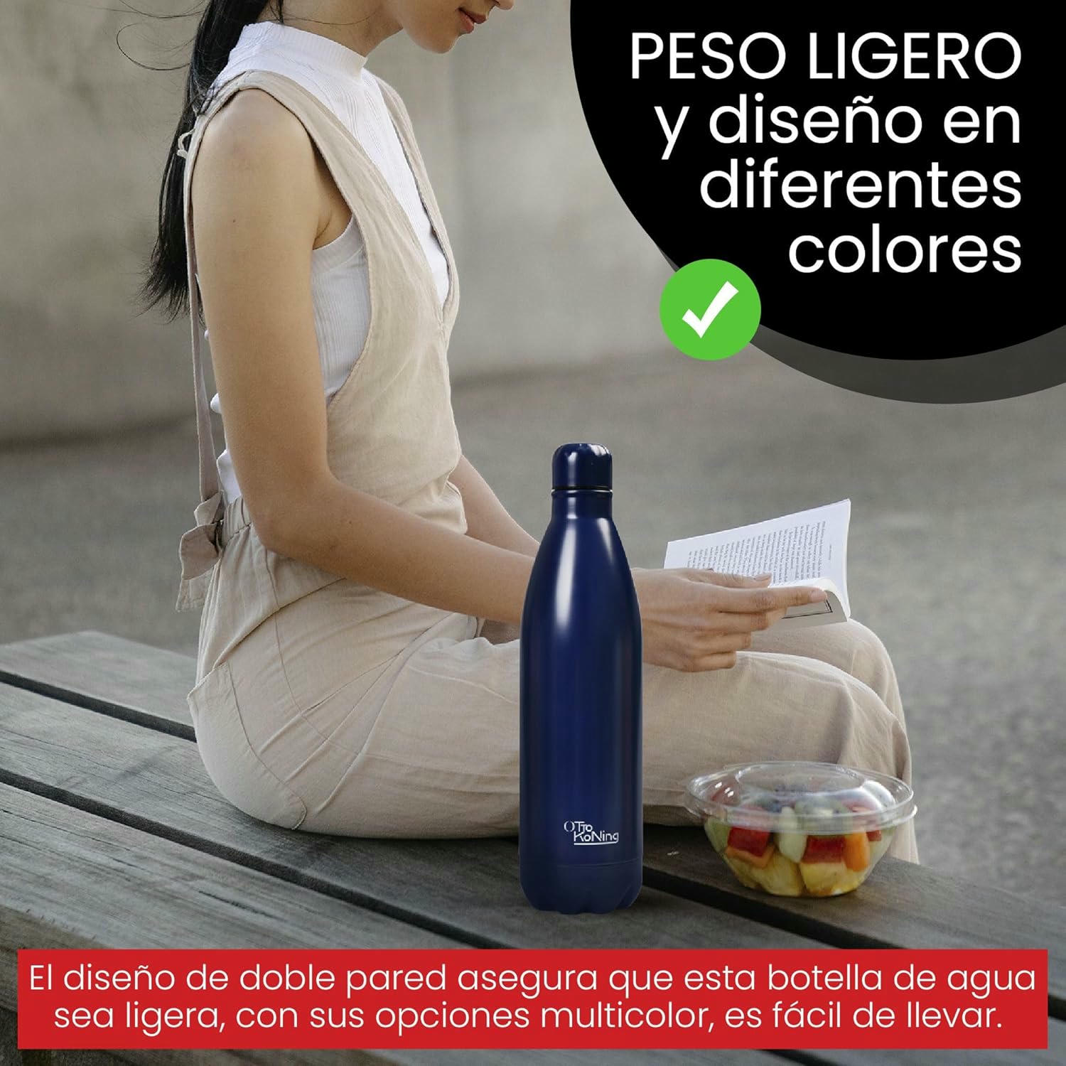 Botella de Agua Acero Inoxidable 1 Litro-Otto Koning-Botella Térmica con Doble Aislamiento al vacío para 12 Horas de Bebida Caliente y 24 Horas de Bebida Fría. Botella Termo a Prueba de Fugas sin BPA
