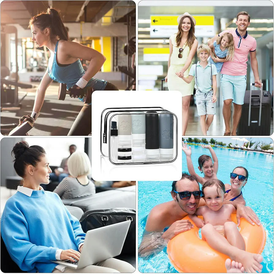 Botellas de viaje de silicona, set de 18 piezas, contenedores portátiles rellenables con bolsa transparente, recipientes para champú, lociones y líquidos (Gris)