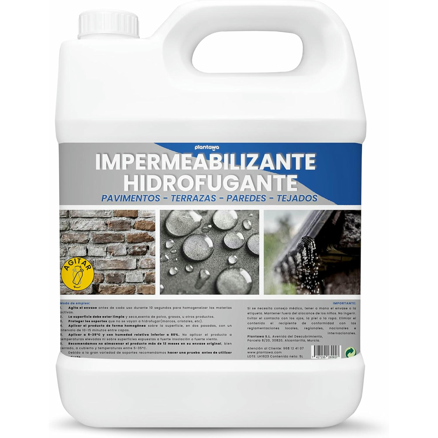 Plantawa Impermeabilizante Transparente. Hidrofugante Invisible, No Genera Película, Protección Total en Fachadas, Hormigón,Terrazas, Tejados. Repelente al Agua, waterproof (5 Litros).