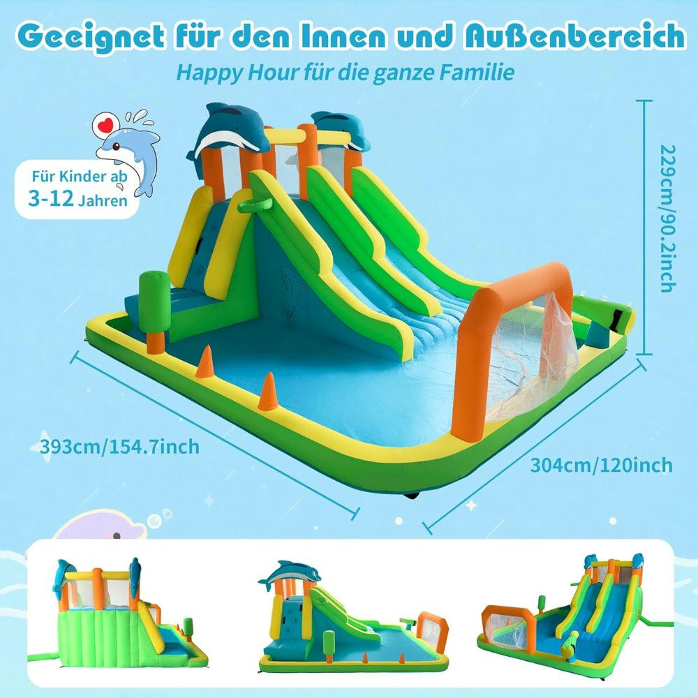 Castillo Inflable con Tobogán de Agua, Equipamiento Inflable, Parque Acuático para Niños, 2 Toboganes, Tema de Delfines, 393 x 304 x 220 cm