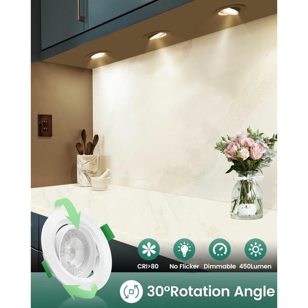 Focos LED Empotrables 230V 5W 450LM Dimmables IP44, Luz Neutra 4000K, Focos Orientables para Baño, Cocina, Sala, Set de 6 Unidades