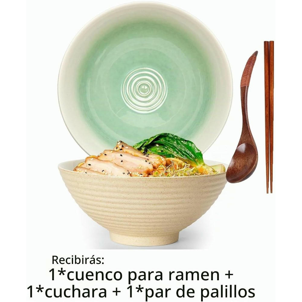 Set de 2 Tazones de Ramen de Cerámica de 1200ml con Palillos y Cuchara, Beige
