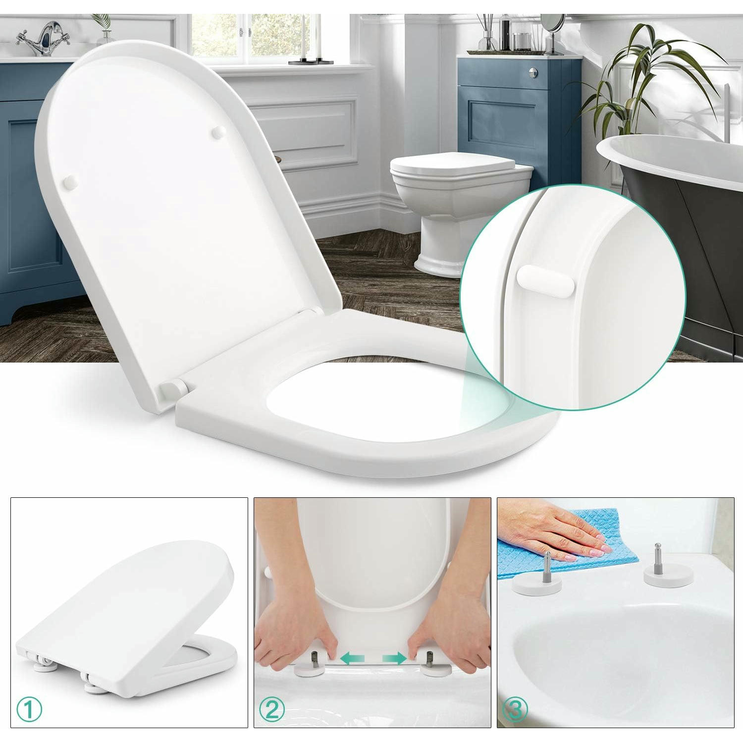 Himimi Tapa WC Universal, Asiento para Inodoro, Asiento de Inodoro en Forma de D, Tapas de Water Cierre Suave Lento, Bisagras Ajustables, Desmontaje Rápido, Fácil de Limpiar(450 x 361 x 53 mm)