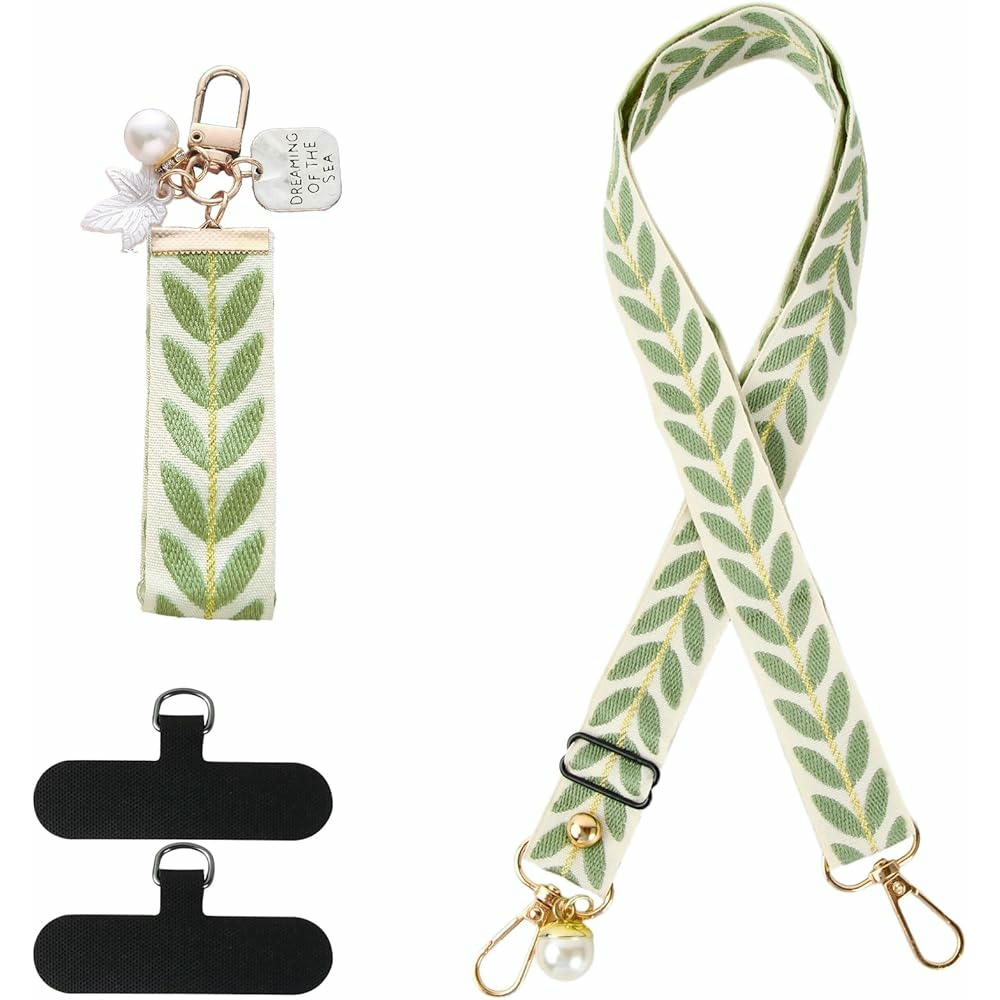 Correa Ajustable para Móvil con Estampado de Hojas Verdes, Cadena Universal y Accesorios