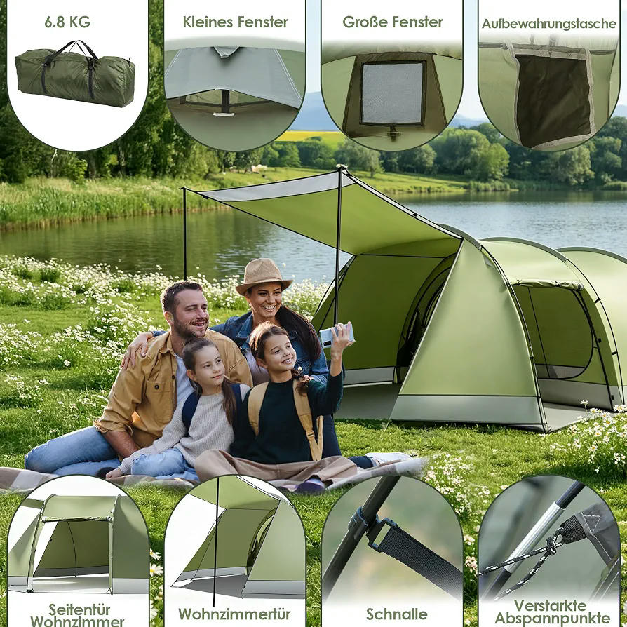 Tienda de campaña tipo túnel para 4 personas, impermeable 5000 mm, 420 x 260 x 150 cm, con toldo y suelo extraíble