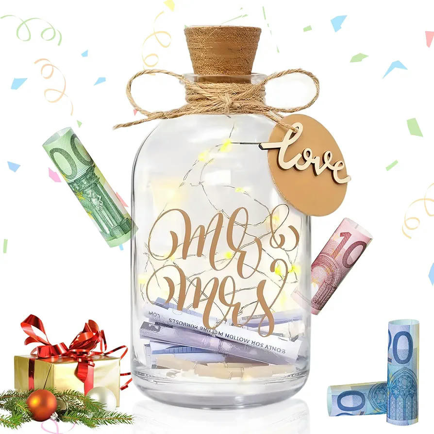 Botella con Luz LED para Boda, Regalo Personalizado para Dinero, Hucha Decorativa Mr y Mrs, Caja Luminosa para Novios y Parejas