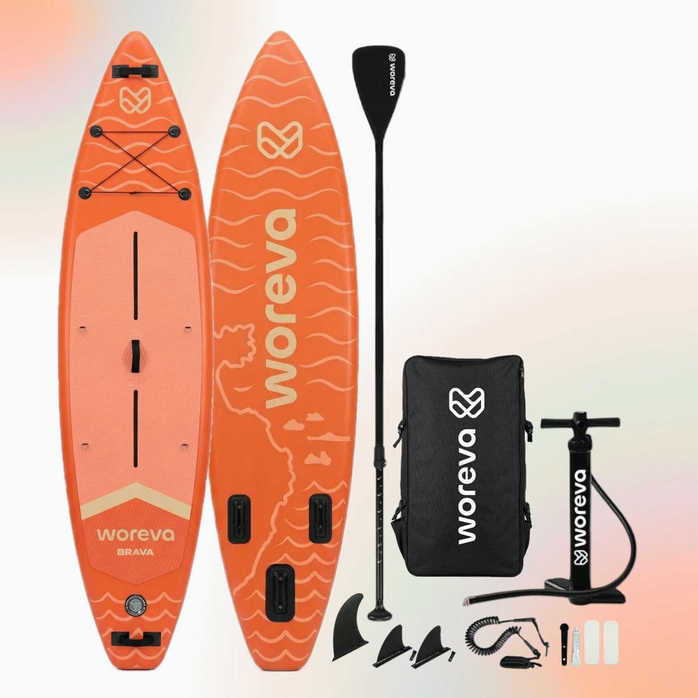 WOREVA BRAVA - Kit Paddle Surf Inflable 335cm | Tabla SUP Touring, Estable 3 quillas, Portable 3 asas, Ancho 84cm (hasta 160kg) | Pack con remo, inflador, mochila y más