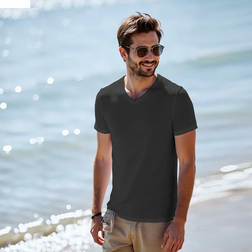 Paquete de 5 camisetas de hombre unicolor negro con cuello en V, camisetas de manga corta de fibra de leche, ideales para uso diario y ocasiones informales, Talla M/L