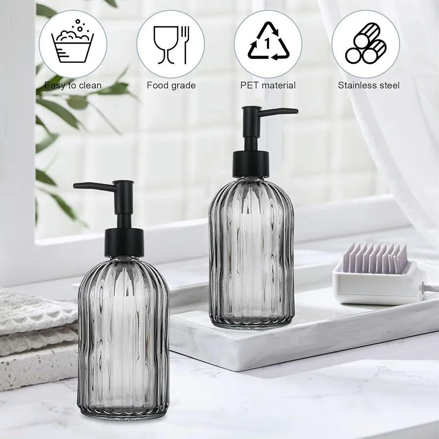 2 Piezas Dispensador de Jabón de Cristal Gris con Bomba de Plástico Negra, 400ml para Baños y Cocinas