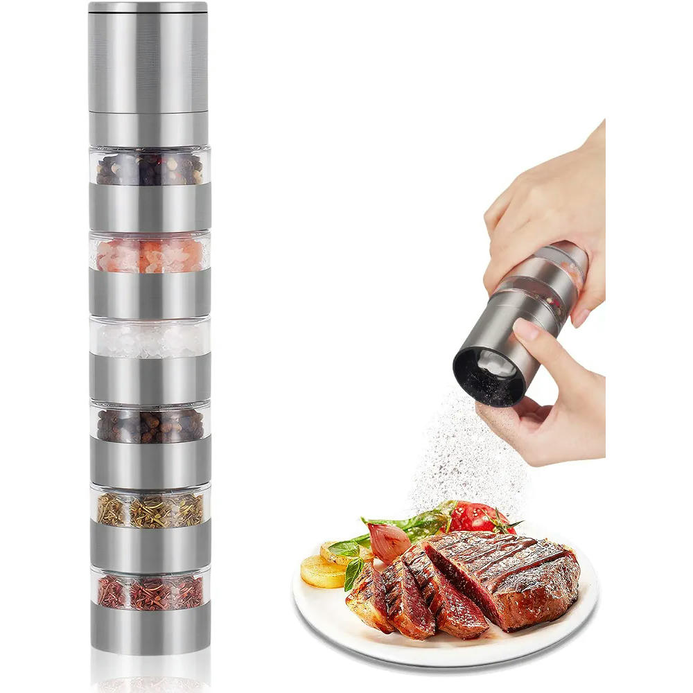 Juego de Molinillos de Sal y Pimienta 6 en 1 con Moledor Ajustable para Cocinas y Viajes