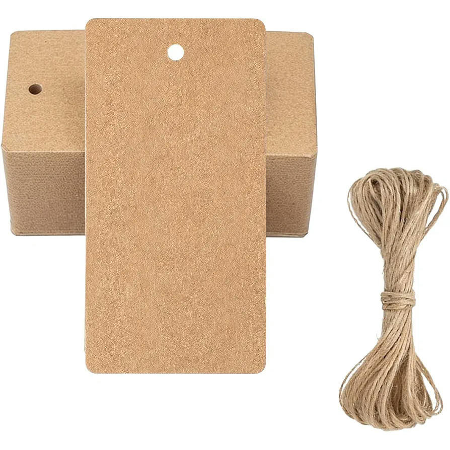 Paquete de 100 Etiquetas de Regalo de Papel Kraft con Cuerda de Yute, 5x3 cm, Para Decoración y Manualidades (Marrón)