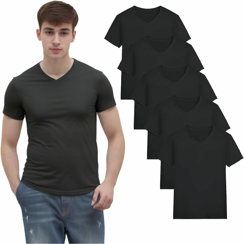 Paquete de 5 camisetas de hombre unicolor negro con cuello en V, camisetas de manga corta de fibra de leche, ideales para uso diario y ocasiones informales, Talla M/L
