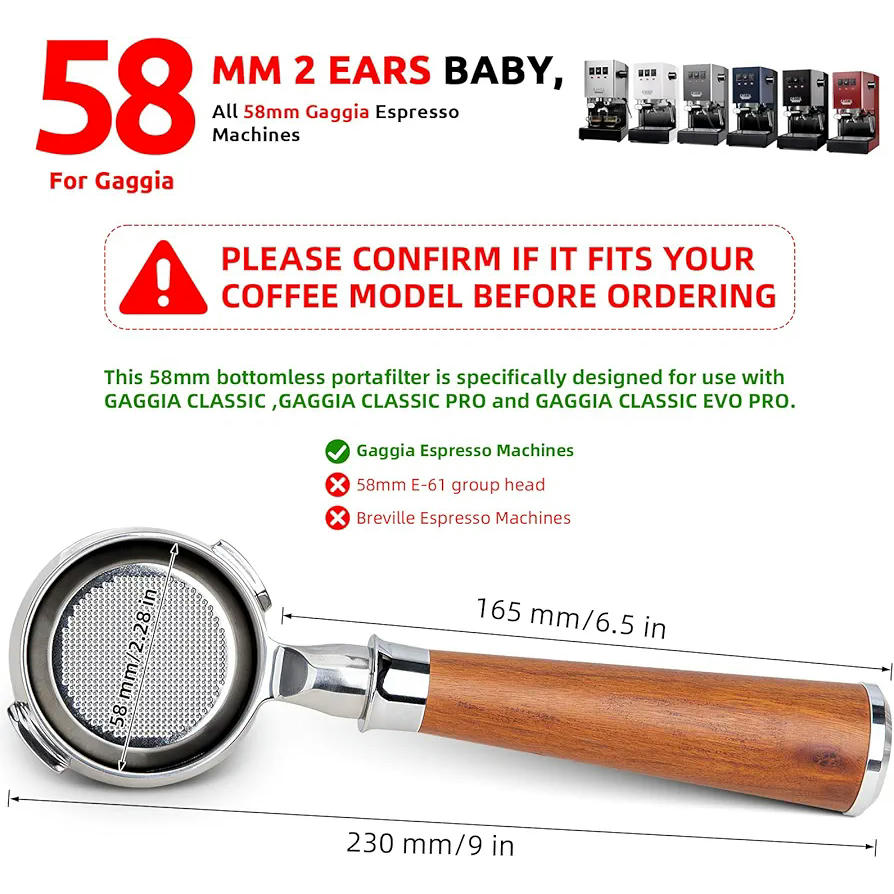 Portafiltro sin fondo de café, YMWVH 58 mm, portafiltro desnudo sin fondo compatible con Gaggia, mango de madera natural con cesta de filtro (58 mm)