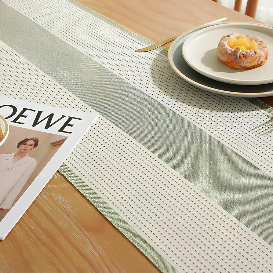 Caminet de Taula de Cotó Verd, Estil Bohemi i Rústic, Rentable, 183 cm, Amb Borles, Ideal per Decoració de Menjador i Festes