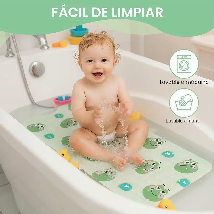 Alfombra Bañera Antideslizante Infantil 100 x 40 cm, Verde con Sapos, Lavable y Resistente al Moho, Sin BPA