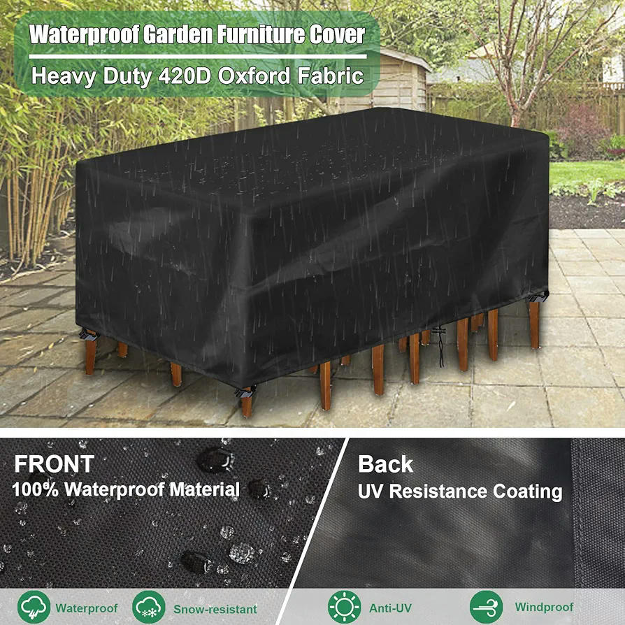 Funda protectora para muebles de jardín, impermeable, tela Oxford 420D, anti-UV, tamaño 250x210x90 cm, ideal para mesas y sillas de exterior (Color Negro)