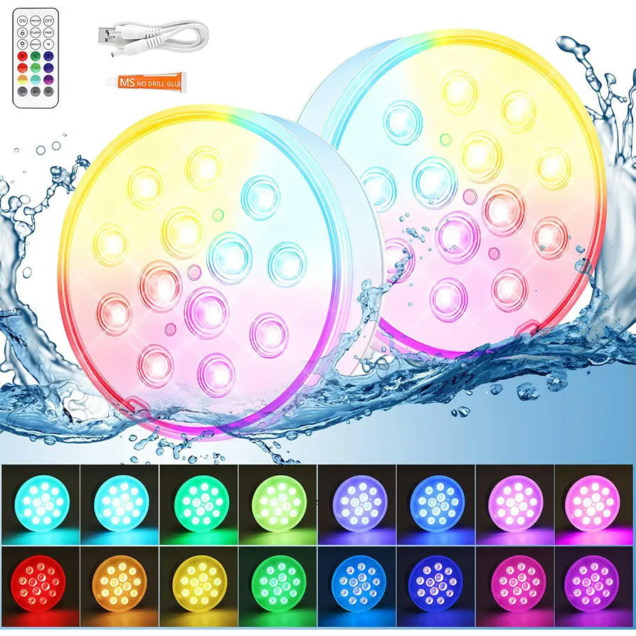 Luces LED impermeables IP68, 2 unidades, mando a distancia, 16 colores RGB, ideal para piscina, jardín y acuarios, 13 luces LED
