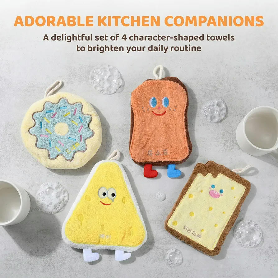4 toallas de mano para niños, absorbentes de microfibra con gancho colgante para cocinas y baños, Multicolor