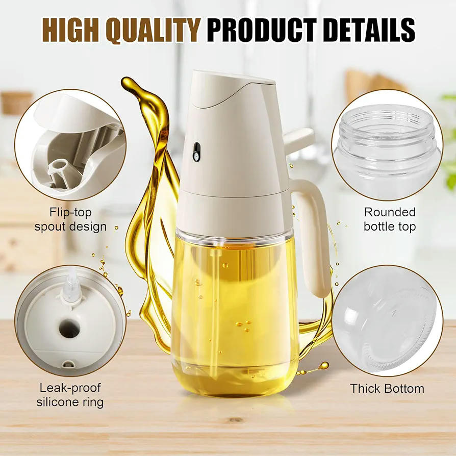 Pulverizador de Aceite 2 en 1 Plegable de 300 ml, Botella de Aceite Multifuncional con Cepillo de Limpieza, Atomizador de Aceite de Vidrio Transparente (Color Beige)