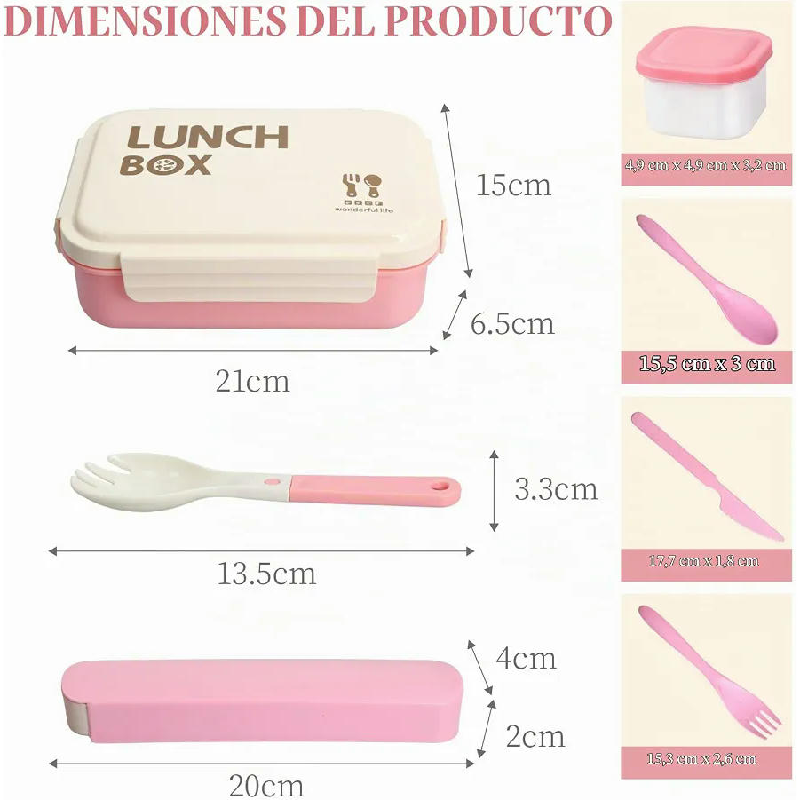 Fiambrera Bento Rosa con 4 Compartimentos 1000ml para Microondas y Lavavajillas