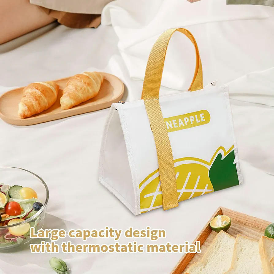 Bolsa Termica Porta Alimentos, Bolsa De Almuerzo Para Oficina, Bolsa de Almuerzo Reutilizable, Aislante y a Prueba de Fugas para Niños y Adultos, Adecuado para el Trabajo, la Escuela (Blanco y Amarillo), diseño de piña
