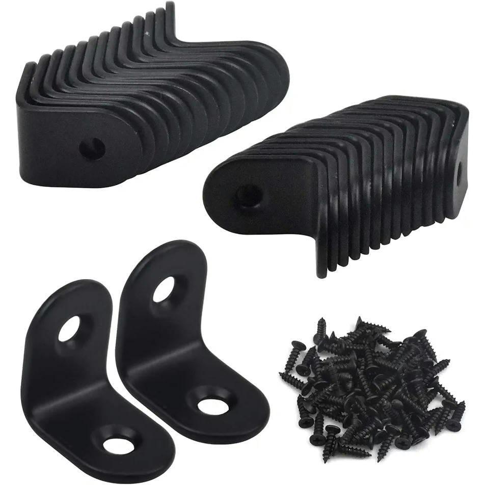 Conectores angulares negros 20 unidades 20x20 mm con tornillos, refuerzo antienvuelco para muebles, perfiles angulares perforados para mesas y armarios (color negro)