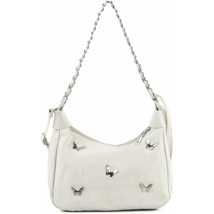 Bolso de Hombro para Mujer, Bandolera Plisada de Gran Capacidad con Lazo y Cadena (Blanco)