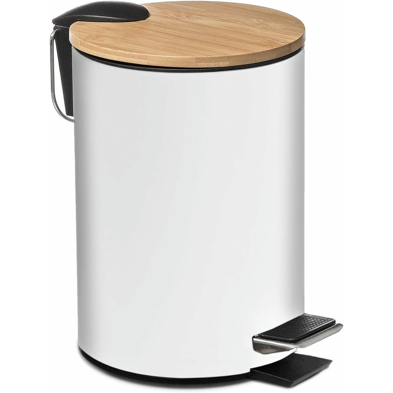 TIENDA EURASIA - Papelera de Metal con Tapa de Bambu, 3L, 17x22,5x23,5 cm, Cubo de Basura Pequeño con Pedal, Asa para Transportar, Metal y Bambu, para Baño, Cocina o Escritorio (Papelera Blanco)
