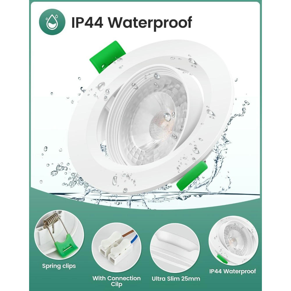 Focos LED Empotrables 230V 5W 450LM Dimmables IP44, Luz Neutra 4000K, Focos Orientables para Baño, Cocina, Sala, Set de 6 Unidades