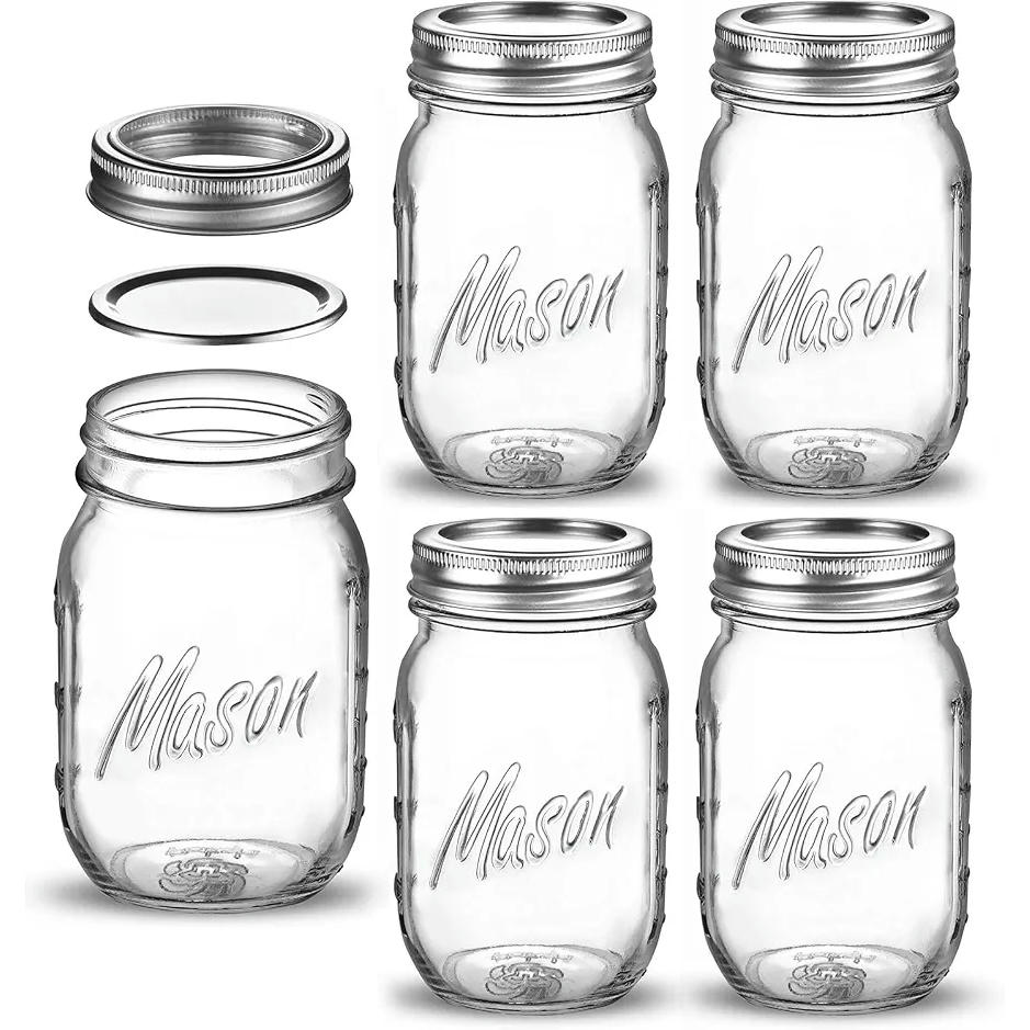 Pack de 5 tarros de cristal de 473 ml con tapa hermética y bandas de sellado para encurtidos y conservas