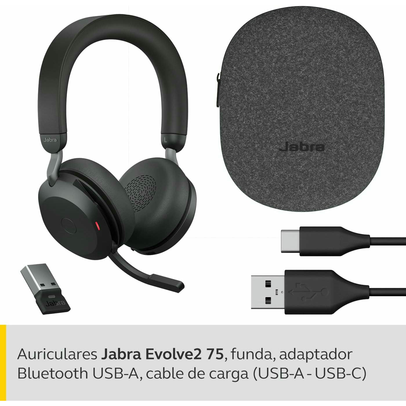 Jabra Evolve2 75 Auriculares Estéreo Inalámbricos para PC con tecnología de 8 micrófonos-Auriculares de Doble Espuma y Cancelación de Ruido Activa, Adaptador Bluetooth USB-A-Para MS Teams-Negro