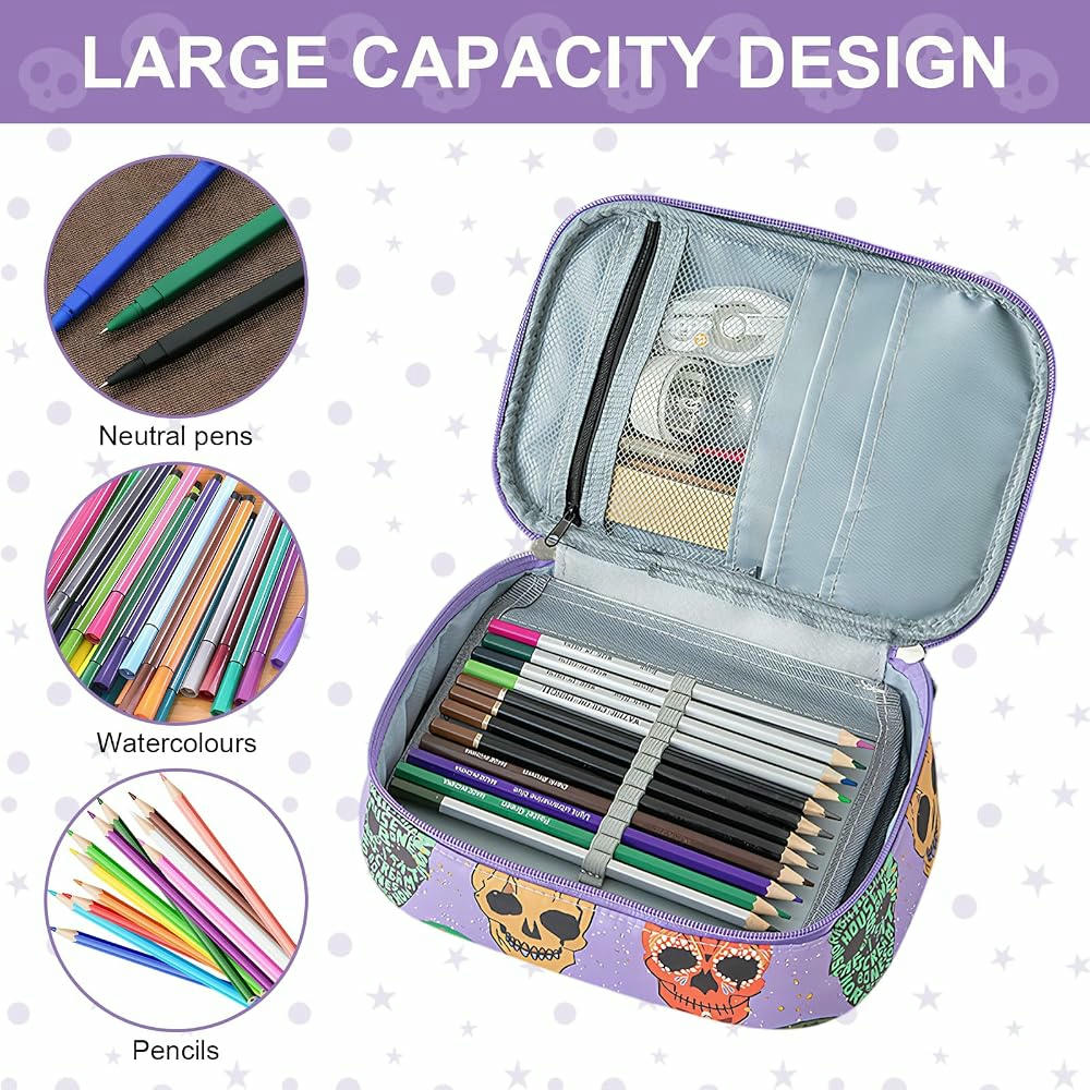 Estuche de lápices para niñas, 72 ranuras, diseño de calaveras, gran capacidad y soporte para bolígrafos (Lila)