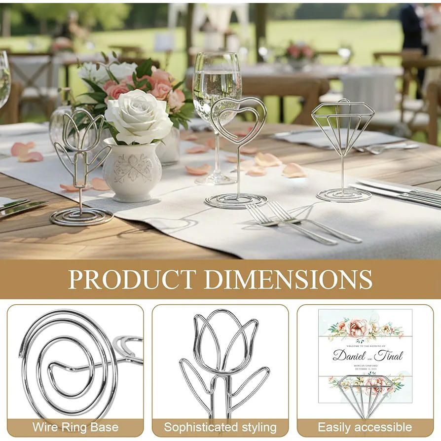 30 Piezas de Soporte para Fotos y Tarjetas con Clip para Bodas y Eventos - Diseño Corazón, Tulipán y Diamante (Plateado)