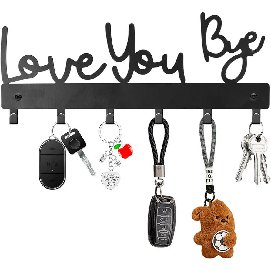 Colgador de llaves de pared con texto "Love You Bye", gancho con 6 anclajes, ideal para cocina, entrada, pasillo, oficina y dormitorio (Negro)