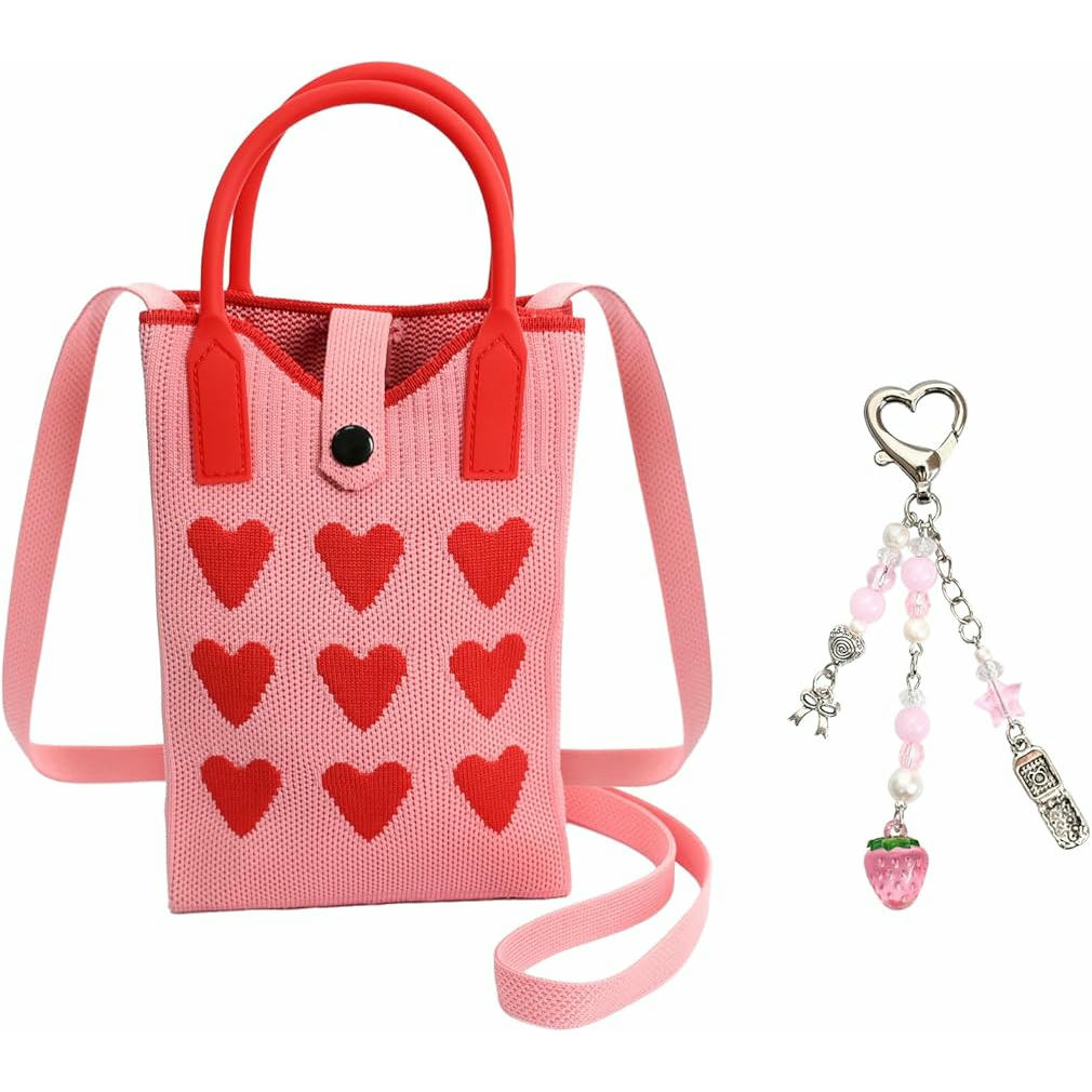 Bolso Multifuncional Para Teléfono Móvil Con Correa y Llavero, Diseño Rosa y Rojo